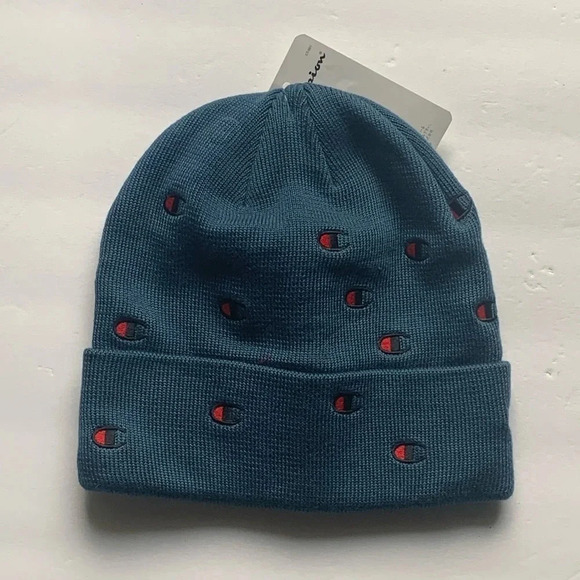 Champion Beanie Knit Hat Script Logo Blue Cuffed New - Picture 1 of 5